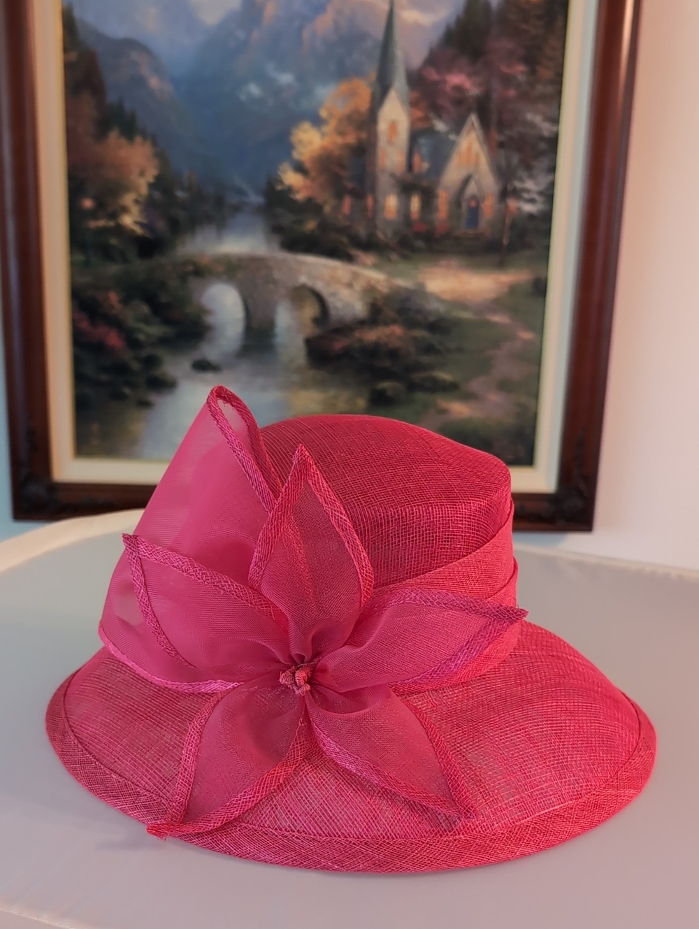 Nordstrom Fuchsia Sinamay Straw Hat Made in France Derby Church Wedding Like New
